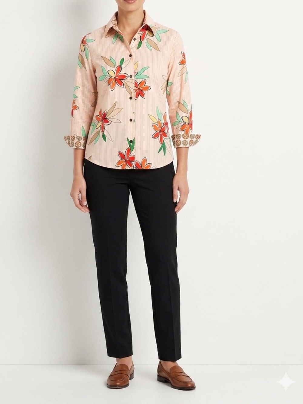ALFRED DUNNER Floral Pinstripe Button Down Shirt Contrast Cuff Tropical Peach🧡